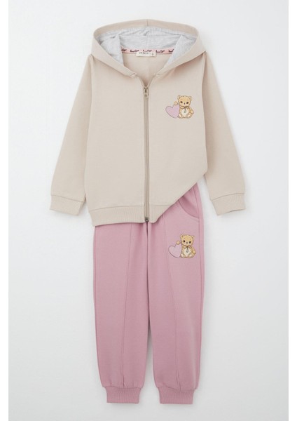Kız Çocuk Eşofman Takım Kalpli Bebek Ayıcık Baskılı 1.5-5 Yaş, Bej