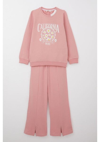 Kız Çocuk Eşofman Takım Çiçek Baskılı Geniş Paça Yırtmaçlı 5-10 Yaş, Gülkurusu