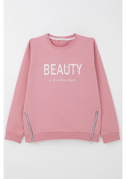 Kız Çocuk Sweatshirt Yazı Baskılı Kenarları Fermuar Detaylı 9-14 Yaş, Gülkurusu