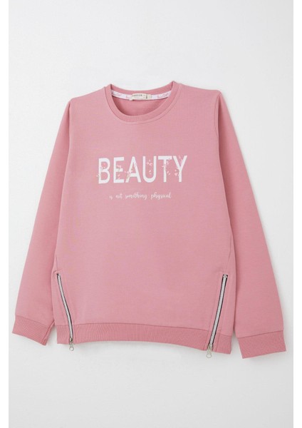 Kız Çocuk Sweatshirt Yazı Baskılı Kenarları Fermuar Detaylı 9-14 Yaş, Gülkurusu