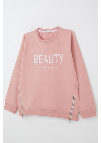 Kız Çocuk Sweatshirt Yazı Baskılı Kenarları Fermuar Detaylı 9-14 Yaş, Gülkurusu
