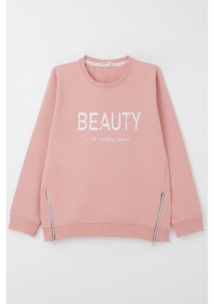 Kız Çocuk Sweatshirt Yazı Baskılı Kenarları Fermuar Detaylı 9-14 Yaş, Gülkurusu