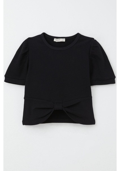 Kız Çocuk Crop Tişört Göbek Dekolte Detaylı 8-14 Yaş, Siyah