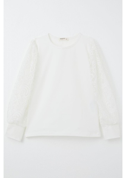 Kız Çocuk Uzun Kollu Tişört Kolları Dantel Detaylı 8-12 Yaş, Ekru
