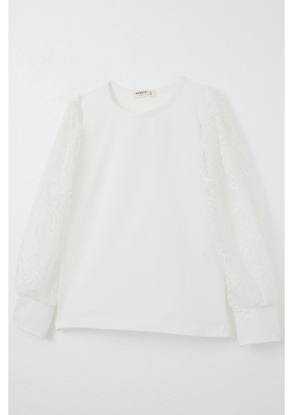 Kız Çocuk Uzun Kollu Tişört Kolları Dantel Detaylı 8-12 Yaş, Ekru modelleri
