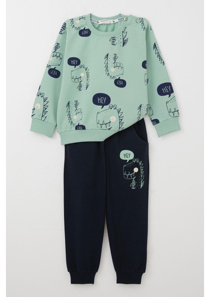 Erkek Çocuk Eşofman Takımı Sevimli Dinozor Desenli 1.5-5 Yaş, Su Yeşili