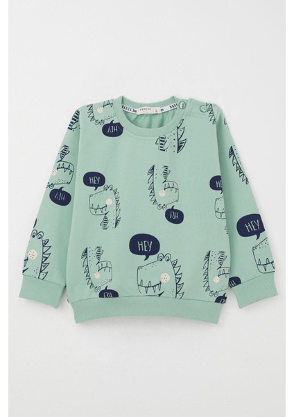 Erkek Çocuk Eşofman Takımı Sevimli Dinozor Desenli 1.5-5 Yaş, Su Yeşili