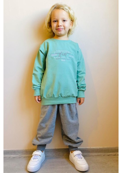 Erkek Çocuk Eşofman Takım Yazı Nakışlı 5-10 Yaş, Mint Yeşili