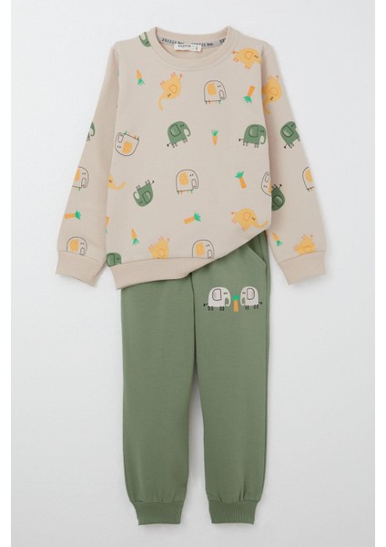 Erkek Çocuk Eşofman Takım Sevimli Fil Desenli 1-4 Yaş, Bej