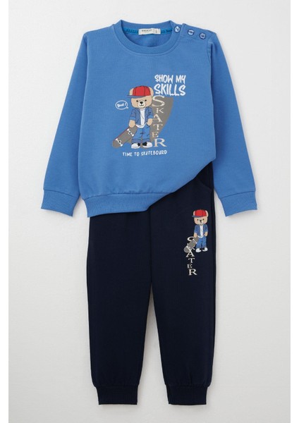 Erkek Çocuk Eşofman Takım Kaykaycı Sevimli Ayıcık Baskılı 1-4 Yaş, Saks Mavisi