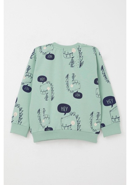 Erkek Çocuk Eşofman Takımı Sevimli Dinozor Desenli 1.5-5 Yaş, Su Yeşili