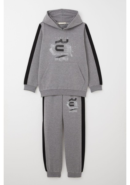 Erkek Çocuk Eşofman Takım Kapüşonlu Başarı Temalı Yazı Baskılı 6-12 Yaş, Koyu Gri Melanj