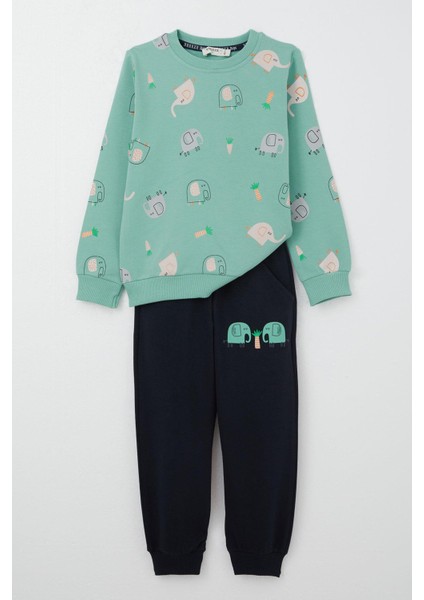 Erkek Çocuk Eşofman Takım Sevimli Fil Desenli 1-4 Yaş, Su Yeşili
