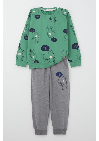 Erkek Çocuk Eşofman Takımı Sevimli Dinozor Desenli 1.5-5 Yaş, Mint Yeşili
