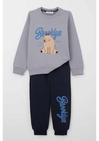 Erkek Çocuk Eşofman Takım Kolej Şampiyonu Sevimli Ayıcık Baskılı 2-6 Yaş, Gri