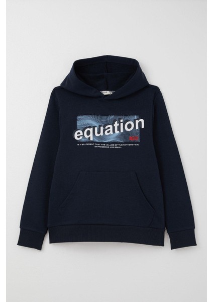 Erkek Çocuk Sweatshirt Yazı Baskılı Kanguru Cepli Kapüşonlu 8-14 Yaş, Lacivert