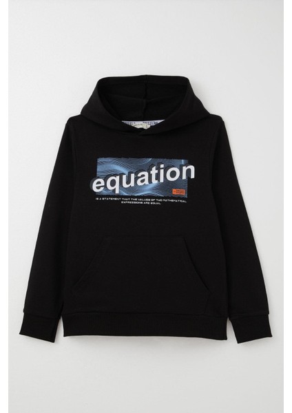 Erkek Çocuk Sweatshirt Yazı Baskılı Kanguru Cepli Kapüşonlu 8-14 Yaş, Siyah