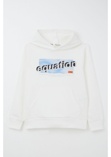Erkek Çocuk Sweatshirt Yazı Baskılı Kanguru Cepli Kapüşonlu 8-14 Yaş, Beyaz