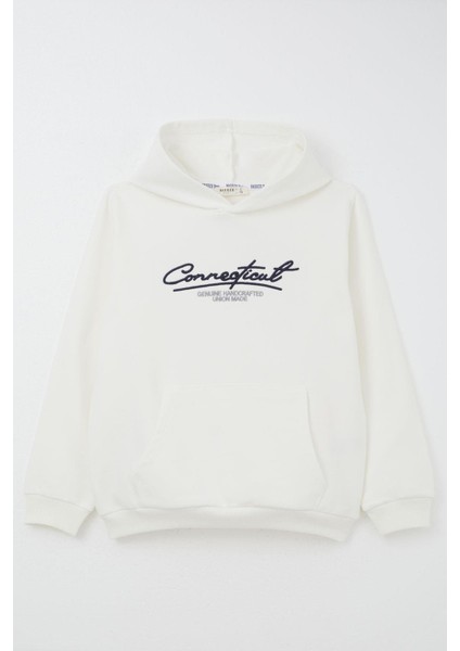 Erkek Çocuk Sweatshirt Kapüşonlu Yazı Nakışlı Kanguru Cepli 4-8 Yaş, Ekru