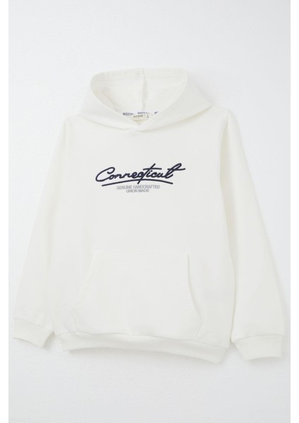 Erkek Çocuk Sweatshirt Kapüşonlu Yazı Nakışlı Kanguru Cepli 4-8 Yaş, Ekru