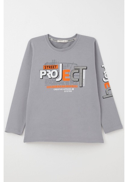 Erkek Çocuk Uzun Kollu Tişört Yazı Baskılı 6-12 Yaş, Gri