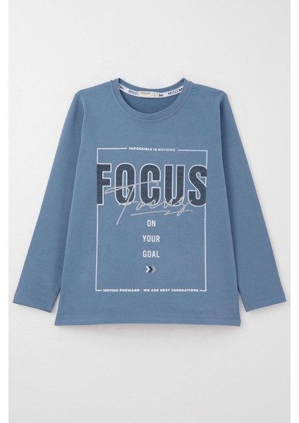 Erkek Çocuk Uzun Kollu Tişört Slogan Temalı Yazı Baskılı 6-12 Yaş, Indigo