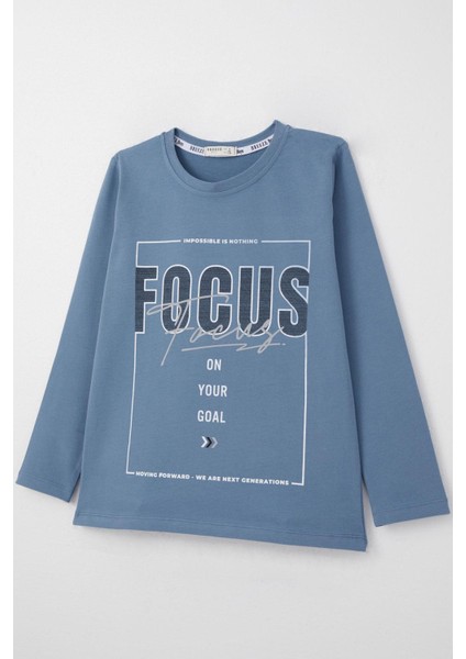Erkek Çocuk Uzun Kollu Tişört Slogan Temalı Yazı Baskılı 6-12 Yaş, Indigo modelleri