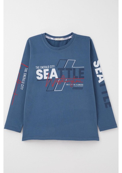 Erkek Çocuk Uzun Kollu Tişört Renkli Yazı Baskılı 6-12 Yaş, Indigo