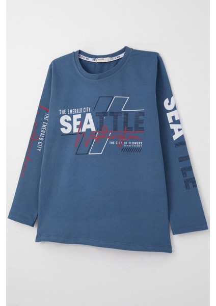 Erkek Çocuk Uzun Kollu Tişört Renkli Yazı Baskılı 6-12 Yaş, Indigo modelleri