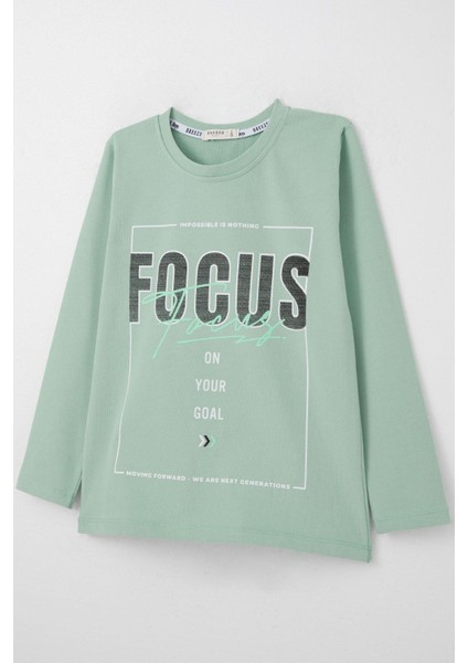 Erkek Çocuk Uzun Kollu Tişört Slogan Temalı Yazı Baskılı 6-12 Yaş, Su Yeşili modelleri