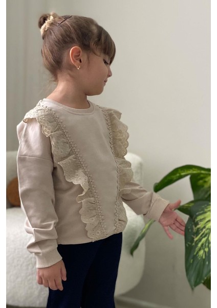 Kız Çocuk Sweatshirt Güpürlü 1.5-5 Yaş, Bej