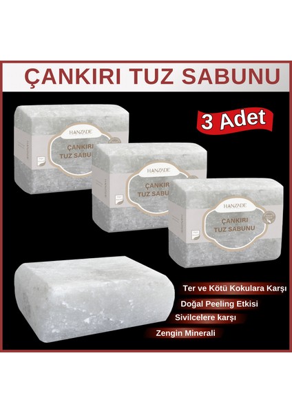Çankırı Tuz Sabunu 300-350 gr x 3 Adet Zengin Mineralli Doğal Saf Çankırı Kaya Tuzu Sabunu