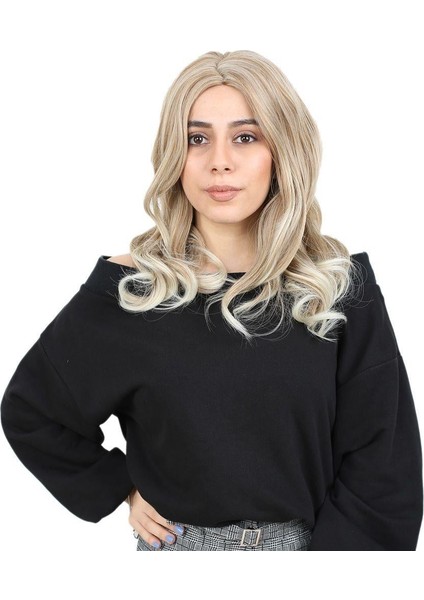 Kahkülsüz Fiber Sentetik Orta Boy Dalgalı Peruk - Karamel / Platin Röfleli