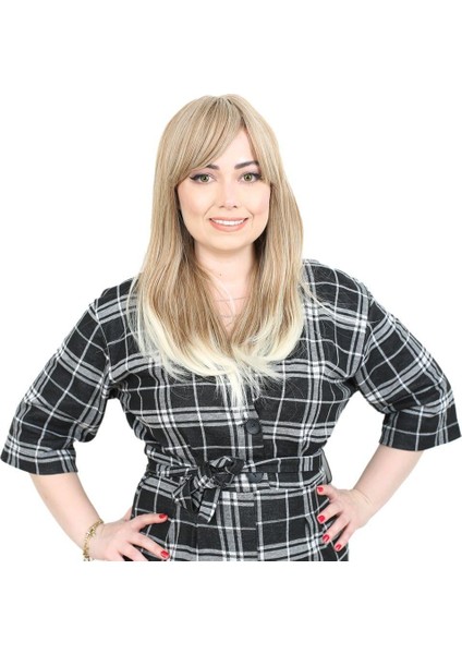 Düz Perçemli Orta Boy Fiber Sentetik Peruk - Karamel / Platin Röfleli