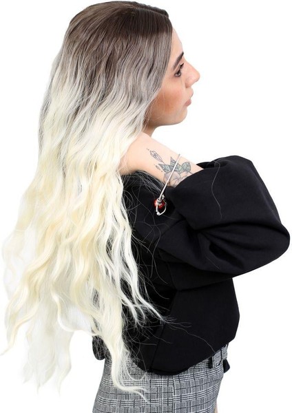 Fiber Sentetik Uzun Su Dalgası Peruk - Kahve / Platin Ombreli fiyatları