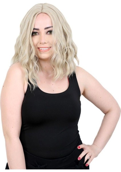 Fiber Sentetik Kısa Dalgalı Perçemsiz Peruk - Balköpüğü / Platin Röfleli