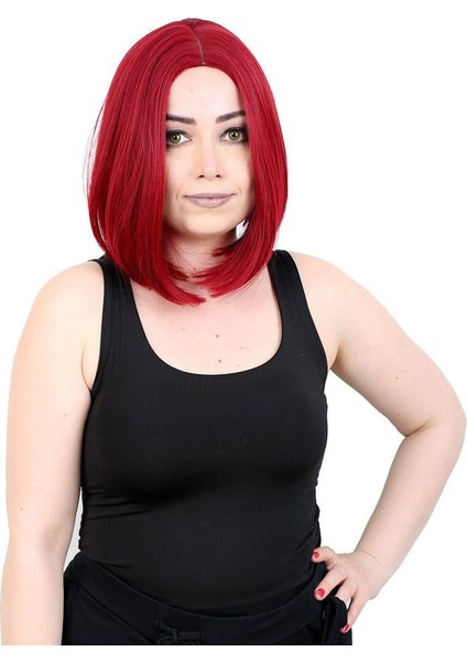 Kahkülsüz Düz Kısa Fiber Sentetik Peruk - Kızıl