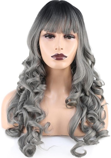 Dalgalı Perçemli Uzun Fiber Sentetik Peruk - Siyah / Gri Ombreli