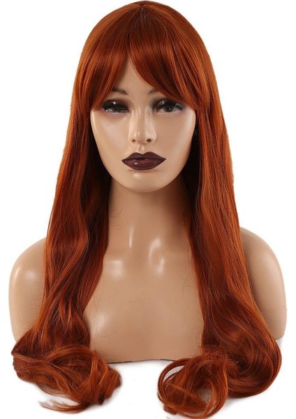 Kahküllü Uzun Dalgalı Fiber Sentetik Peruk - Bakır