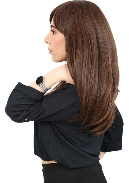 Düz Perçemli Orta Boy Fiber Sentetik Peruk - Kahve Karamel modelleri