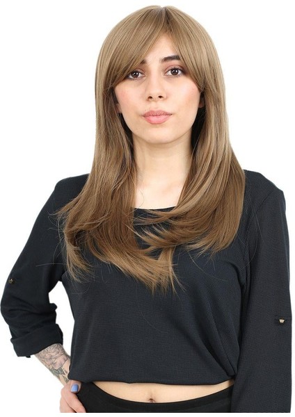 Düz Perçemli Orta Boy Fiber Sentetik Peruk - Bebek Kumralı