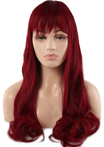 Kahküllü Uzun Dalgalı Fiber Sentetik Peruk - Kızıl