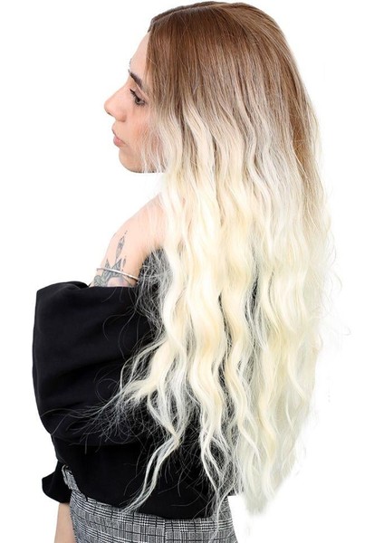 Fiber Sentetik Uzun Su Dalgası Peruk - Kumral / Platin Ombreli modelleri