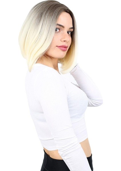 Kahkülsüz Düz Kısa Fiber Sentetik Peruk - Küllü Açık Kahve / Platin Ombreli fiyatları