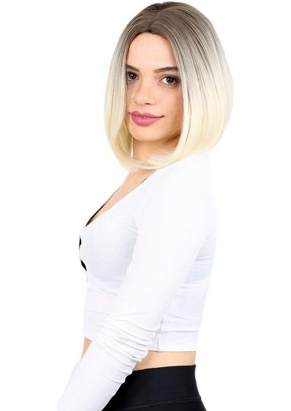 Kahkülsüz Düz Kısa Fiber Sentetik Peruk - Küllü Açık Kahve / Platin Ombreli modelleri