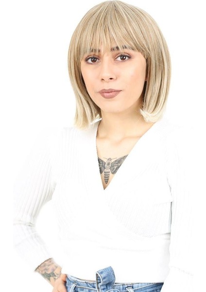 Küt Kahküllü Fiber Sentetik Peruk - Karamel / Platin Röfleli