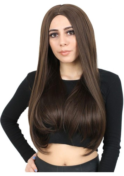 Fiber Sentetik Uzun Düz Peruk - Açık Kahve
