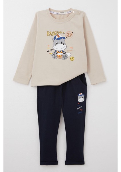 Erkek Bebek Eşofman Takım Baseball Oyuncusu Sevimli Hayvancık Baskılı 9 Ay-3 Yaş, Bej