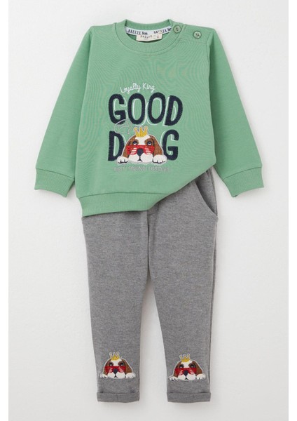 Erkek Bebek Eşofman Takım Sevimli Kral Köpekçik Nakışlı 6 Ay-2 Yaş, Mint Yeşili