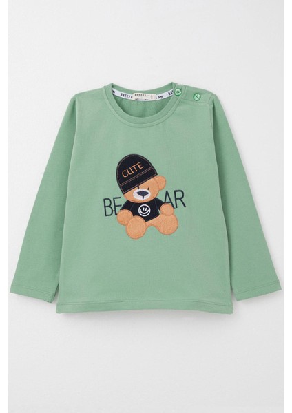 Erkek Bebek Uzun Kollu Tişört Havalı Ayıcık Nakışlı 9 Ay-3 Yaş, Mint Yeşili